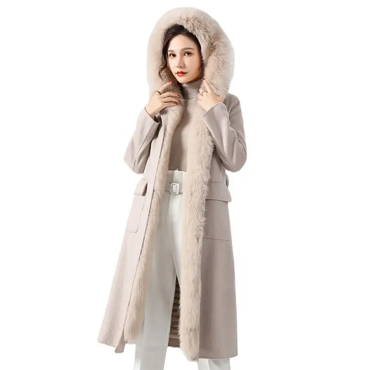 Высококачественное зимнее пальто с подкладкой из натурального кроличьего меха, длинное кашемировое шерстяное пальто с капюшоном для женщин