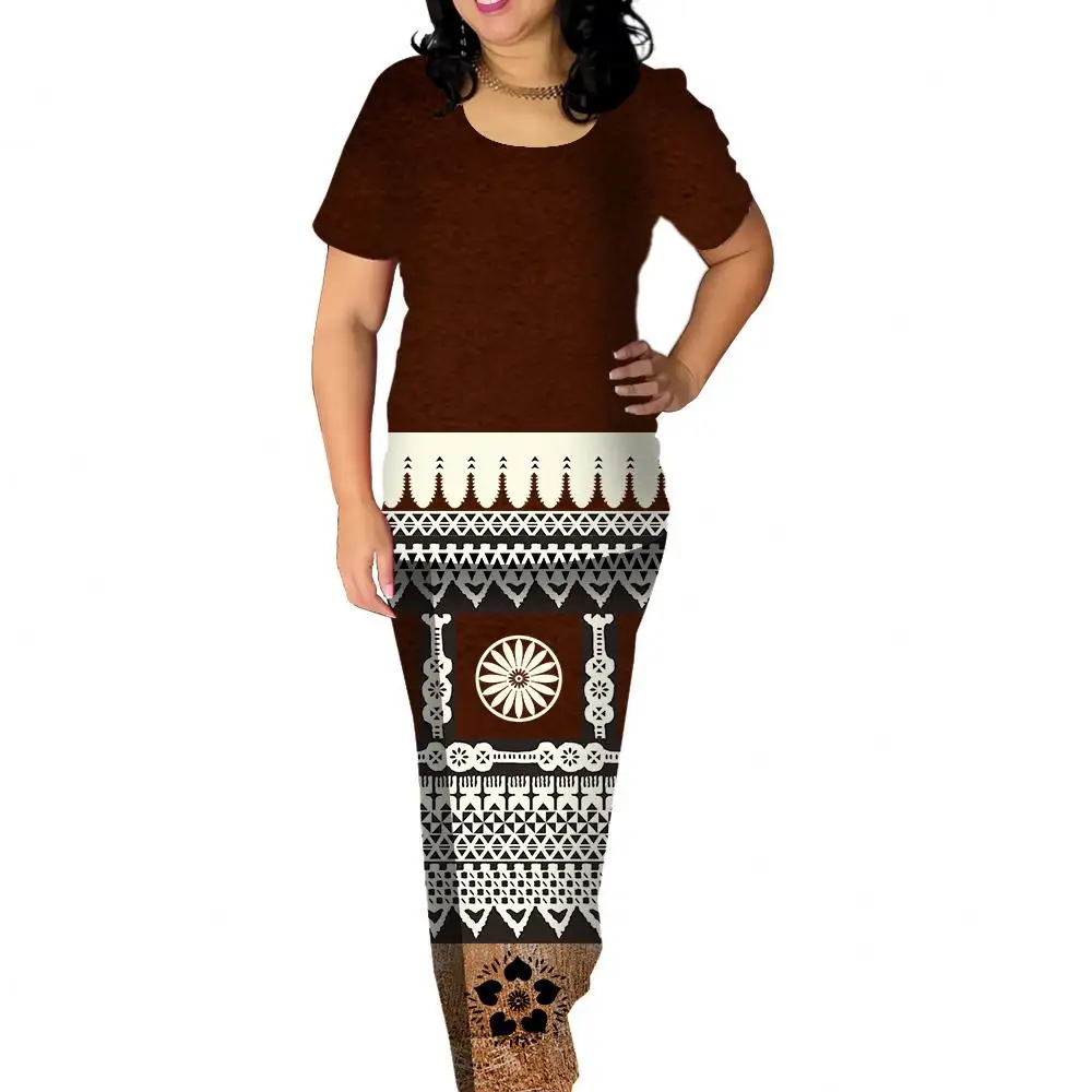 Vestido largo Maxi Ropa tribal Polinesia Marrón Blanco Tapa Masi Tela Estampado floral Personalizado Su logotipo o imagen Samoan Puletasi