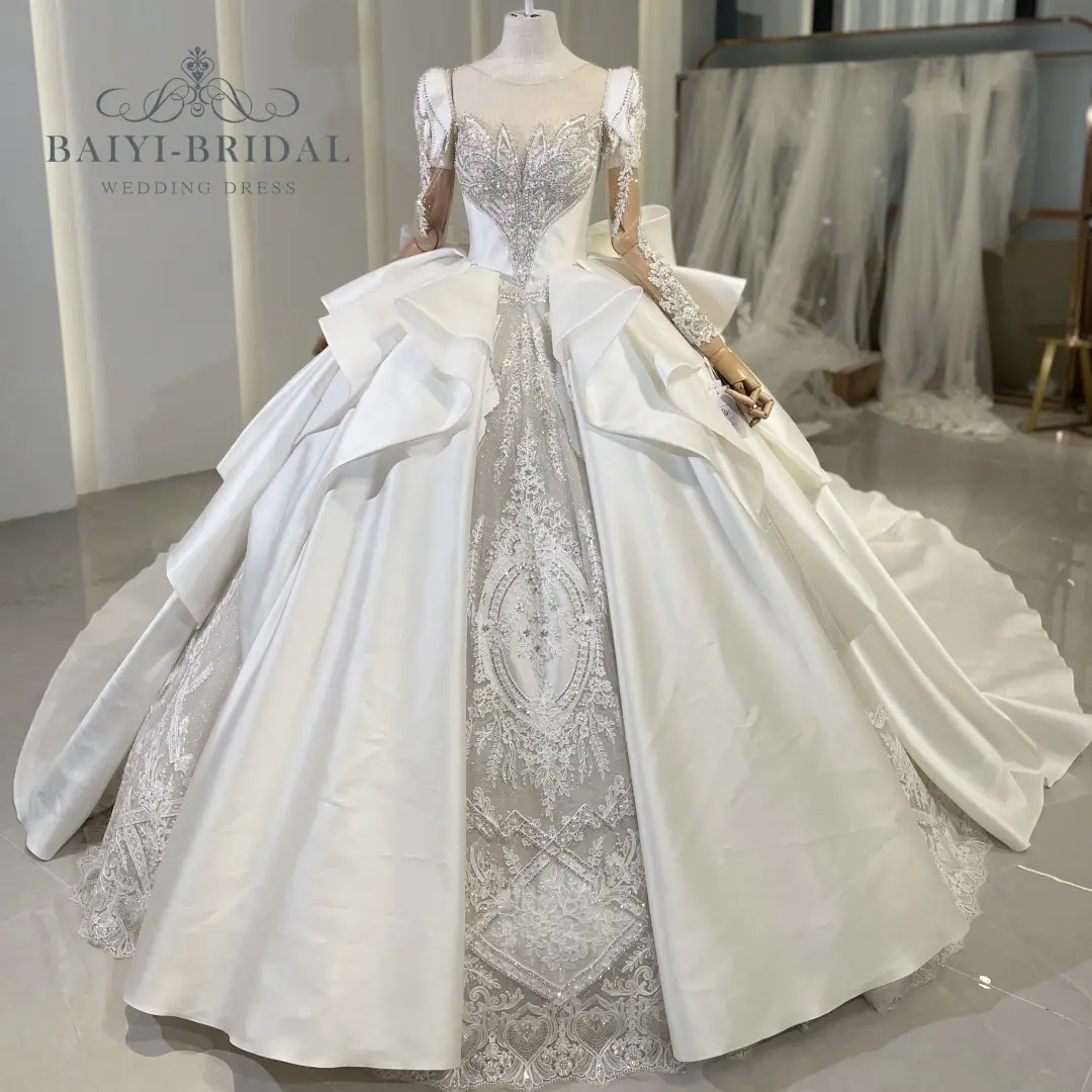 Baiyi Estilo HT22023 Original Design Elegante Luxo Vestido De Noiva De Cetim Com Miçangas