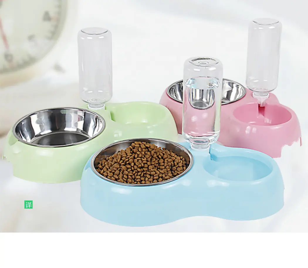 Yerçekimi gıda yükseltilmiş çift kase seti paslanmaz çelik kase otomatik su sebili Pet şişe besleyici yavru kedi köpek