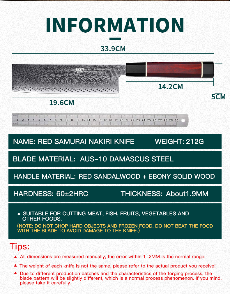 FINDKING Red Samurai Series Rosewood Handle AUS-10 67 Layers Damascus Steel 6.5 inch Kitchen Cleaver Nakiri Santoku Chef Knife