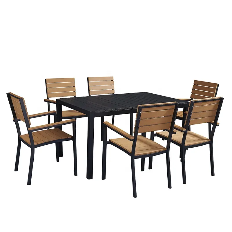 Table carrée d'extérieur empilable Chaise de jardin 6 places Mobilier moderne de patio en aluminium Ensemble de tables à manger et de chaises en plastique et bois
