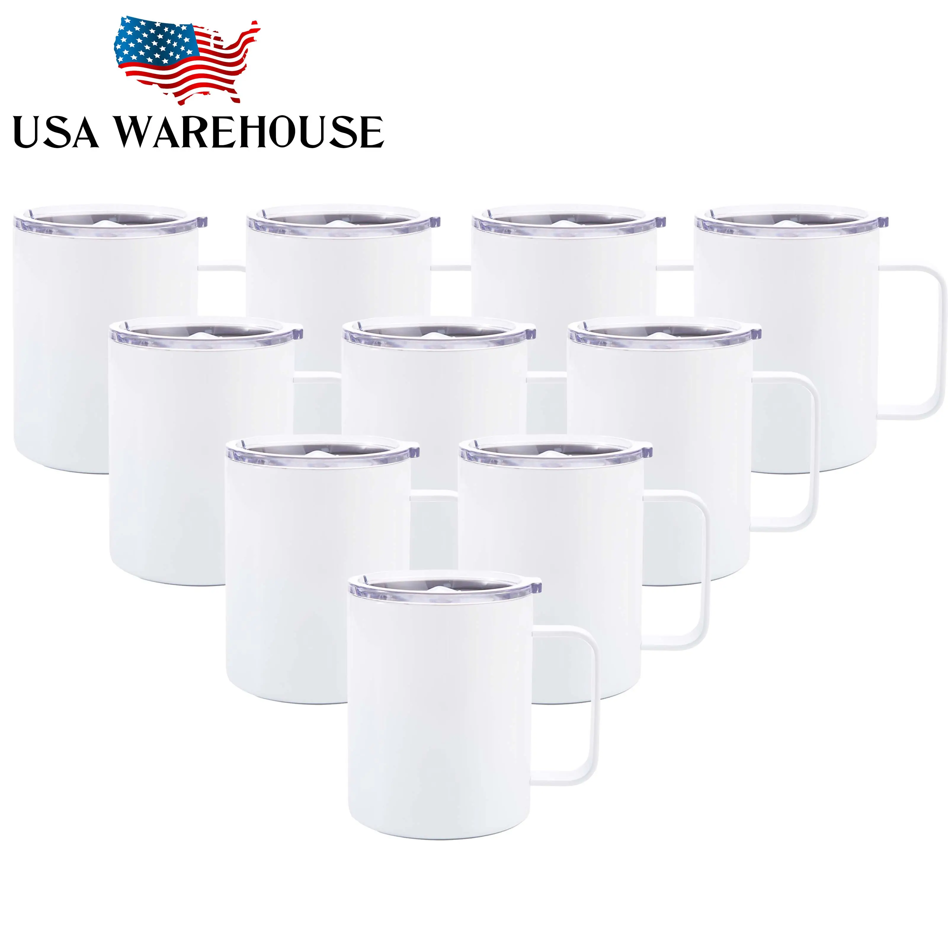 Usa 2 Days Delivery 12oz Thermal Stainless Steel White Sublimation Blanks Travel Coffee Costom Mug Warmer with Handle Straw