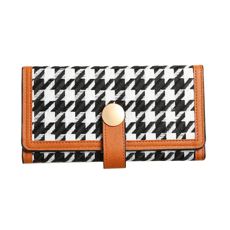 Dompet panjang wanita, dompet panjang gesper pemegang kartu, dompet Houndstooth, saku banyak kartu