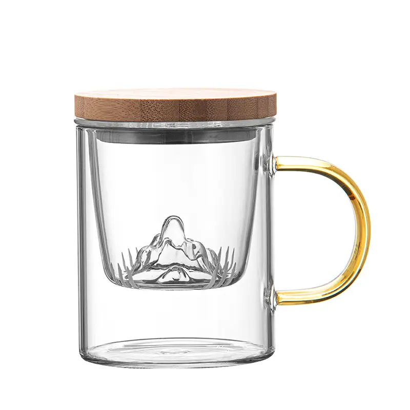 Solhui-taza de té de vidrio de borosilicato con colador de montaña con tapa para el hogar y la Oficina, tres piezas