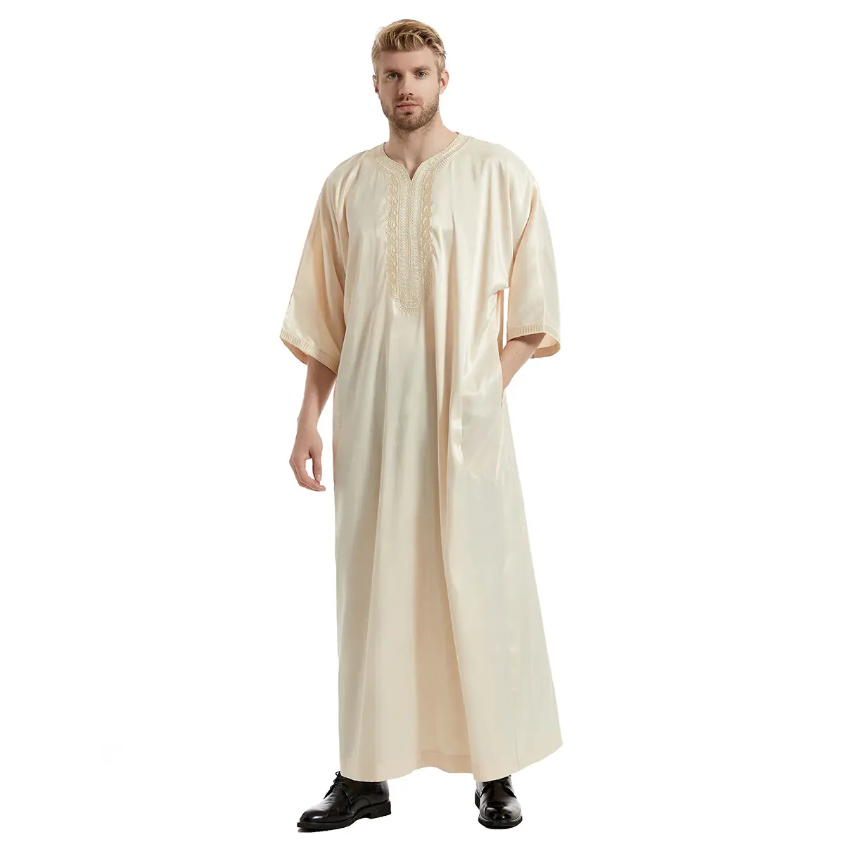 Katı renk saten işlemeli elbisesi Thobe yan cepler Abaya kazak elbiseler orta kollu elbise sıcak satış orta doğu müslüman erkekler