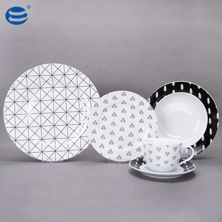 Conjunto de jantar em porcelana estilo moderno, prato de cerâmica para jantar, prato de arte em linha branca e preta, novo conjunto de porcelana óssea, 20 unidades