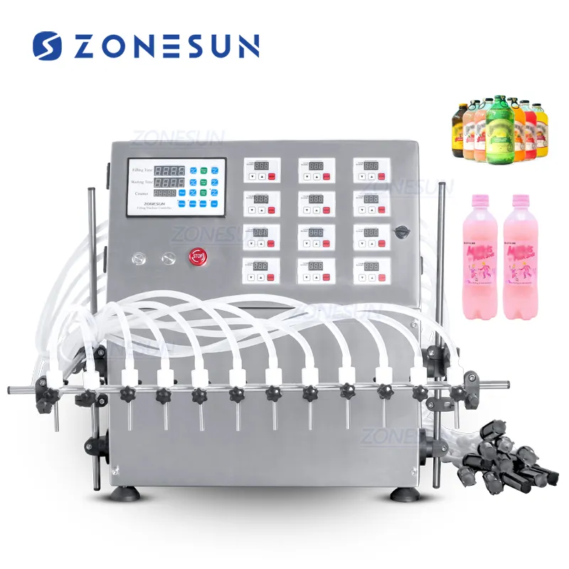 ZONESUN ZS-DPYT12P 12 헤드 세미 자동 다이어프램 펌프 주스 액체 병 충전 기계