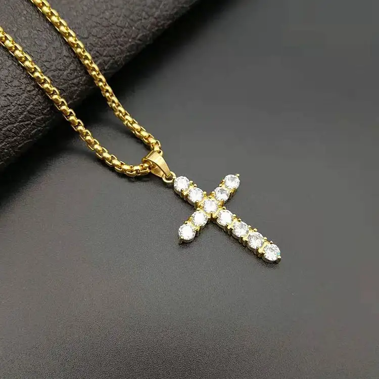 Европейский Лидер продаж, Религиозные христианские украшения, ожерелье из нержавеющей стали с крестом, Золотистое Ожерелье с блестящими фианитами