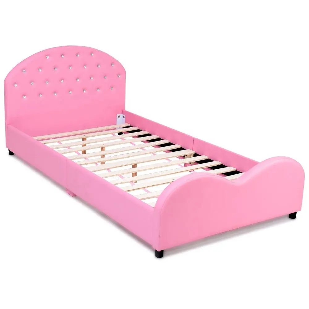 modern style twin size faux leather button tufted bed for kids pink princess upholstered bed for girls