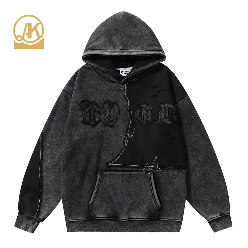 400gsm cotton pháp Terry mặt trời mờ dần trọng lượng nặng hoodie cắt và may axit rửa thô cạnh thêu Áo