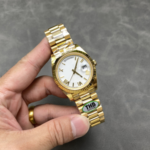 メンズラグジュアリーゴールド自動時計ホワイトダイヤルフリュートベゼル大統領ストラップ40mm - Product Image 4