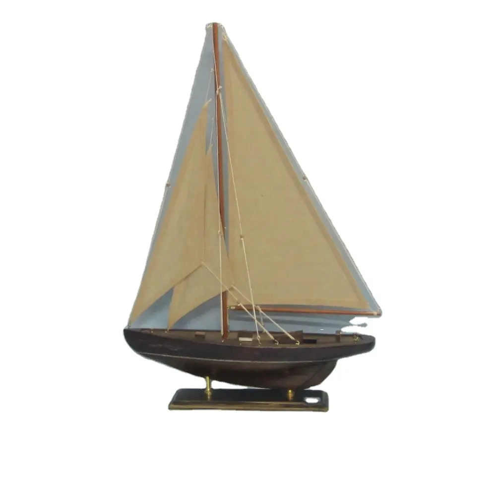 Modelo de velero de madera rayada a mano, modelo de barco de carreras de 40cm de longitud