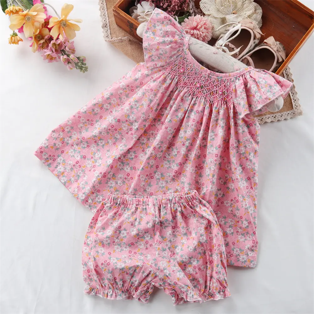 Abbigliamento Boutique per bambini 100% cotone stampa floreale neonate Smocked Outfit Baby Smocking set di abbigliamento