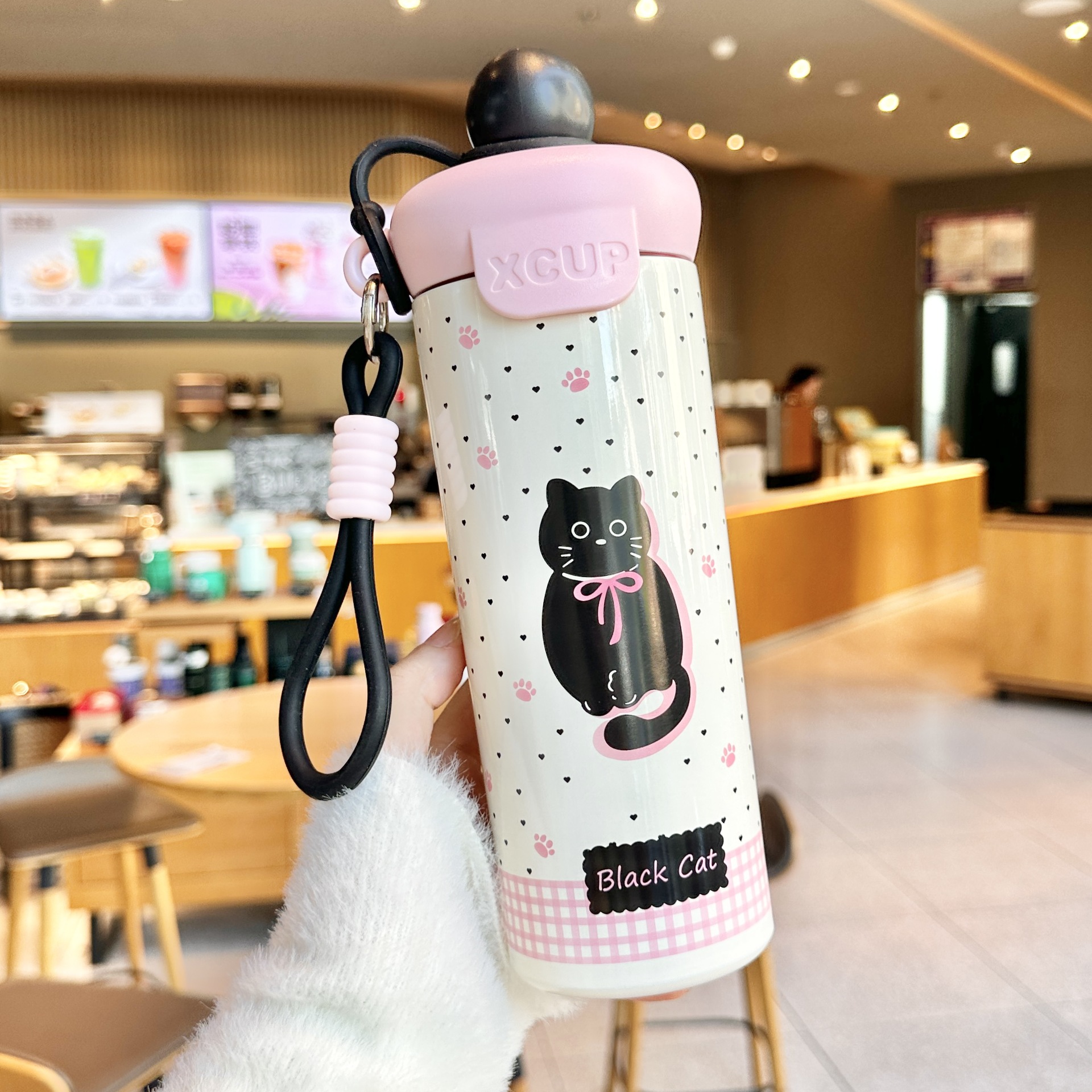 Coperchio rosa e nero - tazza thermos per gattini