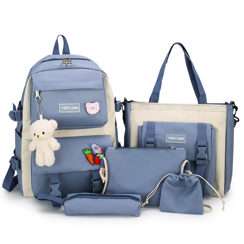 Conjunto de mochilas personalizado, conjunto de 5 peças de mochila feminina grande e casual para estudantes