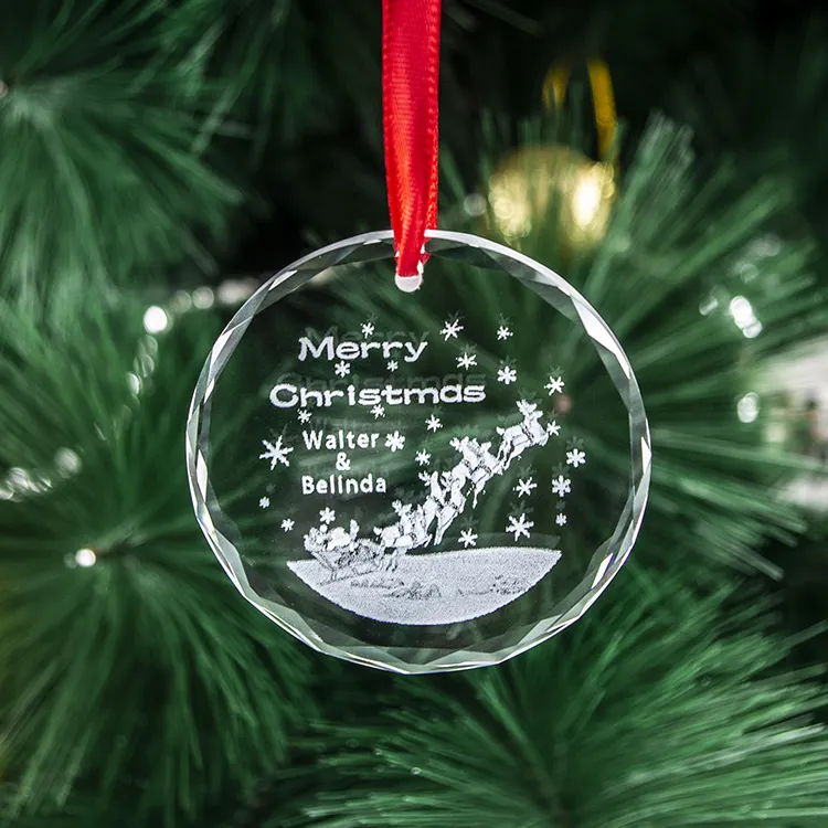 Ornements de Noël ronds en cristal personnalisés en usine gravure laser personnalisée logo 3d pour la décoration d'arbre de Noël