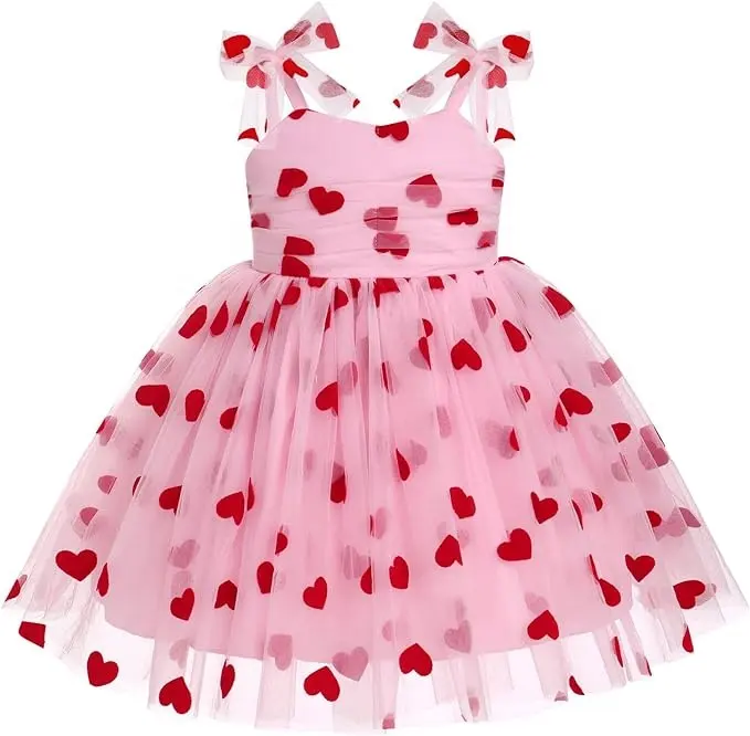 Robe d'été pour enfants personnalisée en maille cœur rouge sans bretelles avec nœud blouse au dos couleur rose