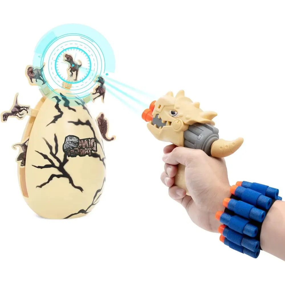 New electric dinosaur egg shooting target game toys gun with foam bullet for kids dinosaur rotate target with light and sound