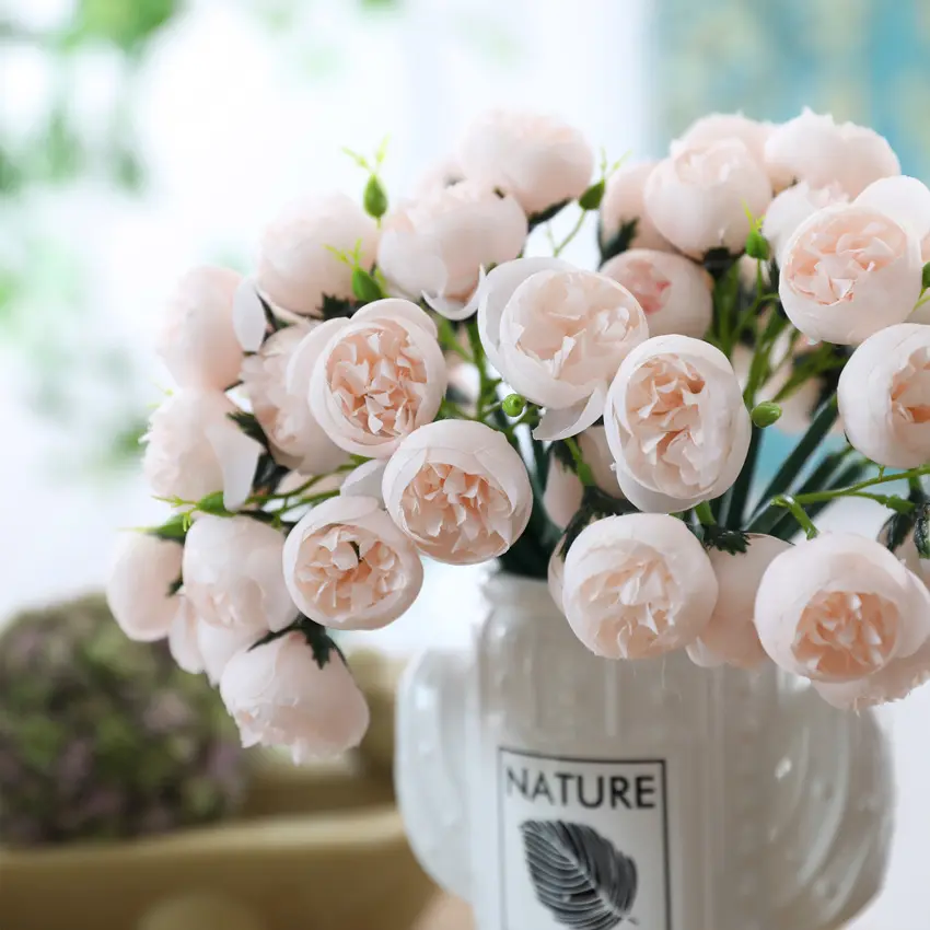 ดอกไม้จําลอง 27 หัวชาดอกกุหลาบช่อดอกไม้ราฟเฟียผูกดอกไม้ปลอมงานแต่งงานมือช่อดอกไม้ตกแต่งบ้านการจัดถ่ายภาพ