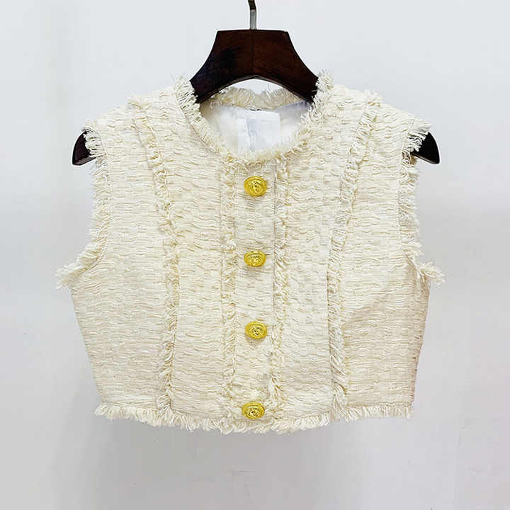 Fall 2023 Women Clothes Beige Thick Tweed Tassel Short Tank Top Half Skirt Set Women Two-Piece Sleeveless Tank Top Femmes