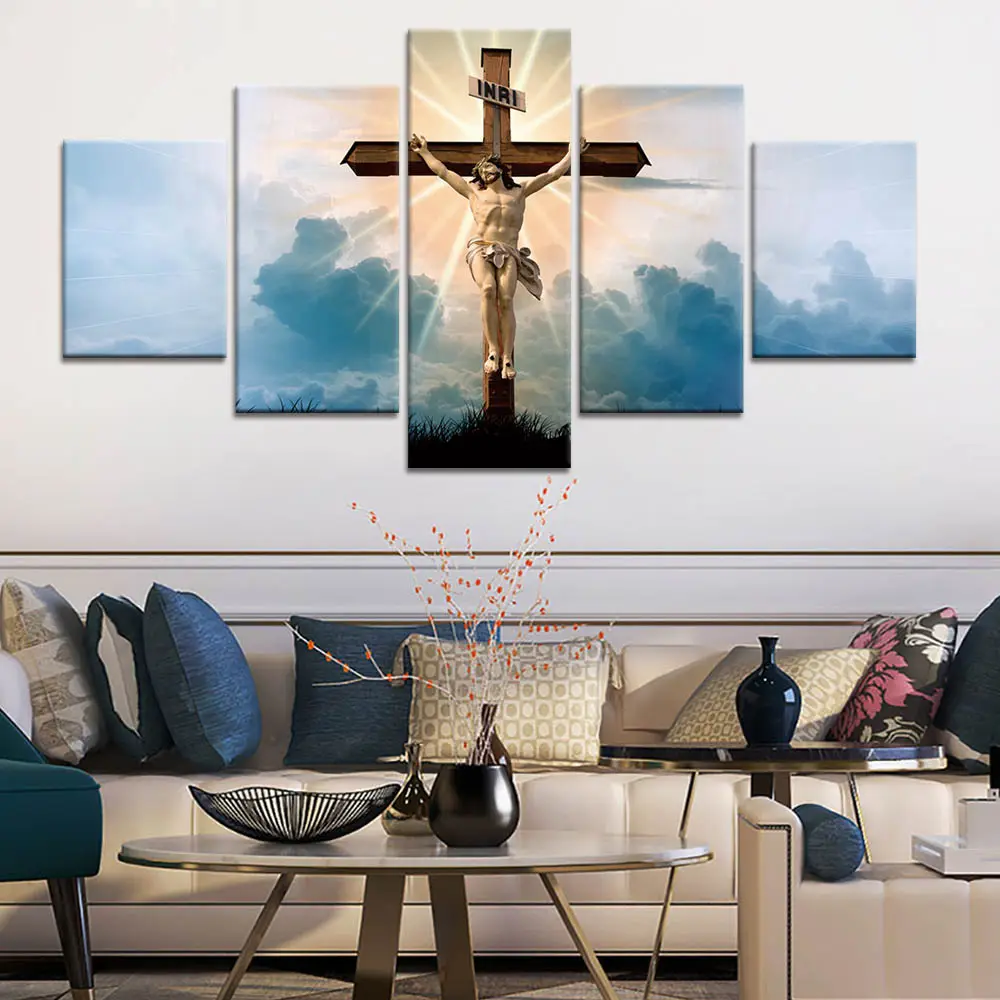 5 paintings on canvas family decoration pictures Christian Jesus cross printed wall art