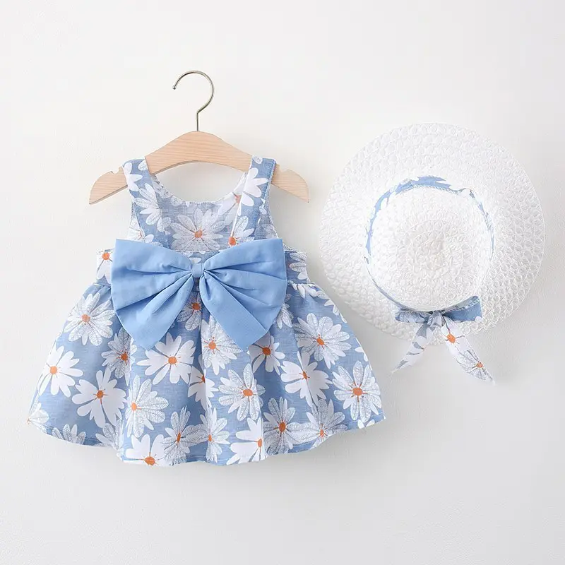 Baby Mädchen Kleider Mit Hut 2 Stück Kleidung Sets Kinder Kleidung Baby Ärmellose Geburtstags feier Prinzessin Kleid Druck Blumen schleife