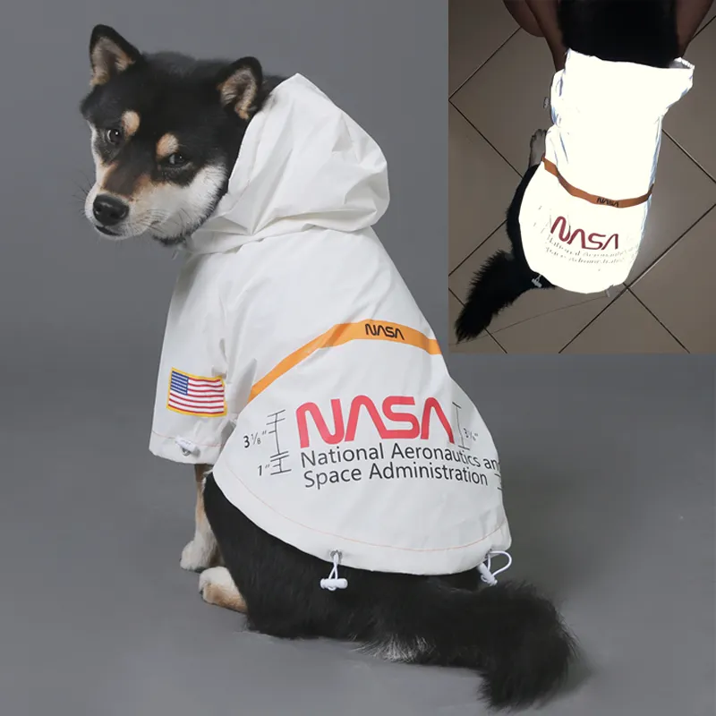 높은 가시성 럭셔리 미국 국기 NASA 로고 인기 화이트 방풍 방수 반사 애완 동물 개 쇼 까마귀 재킷 코트 의류