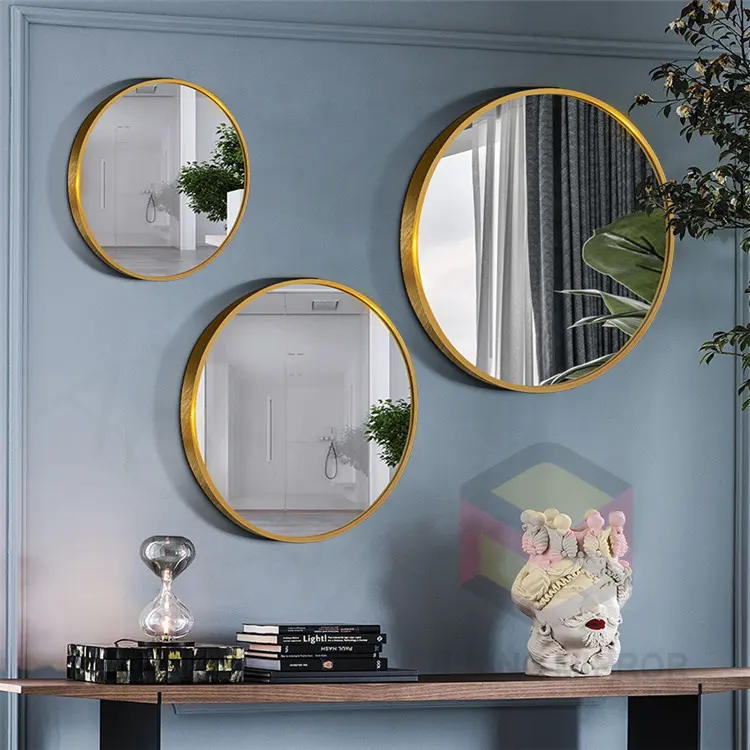 Espejo de pared con marco de metal de venta superior, espejo de pared con marco de aleación de aluminio dorado redondo personalizado para Baño