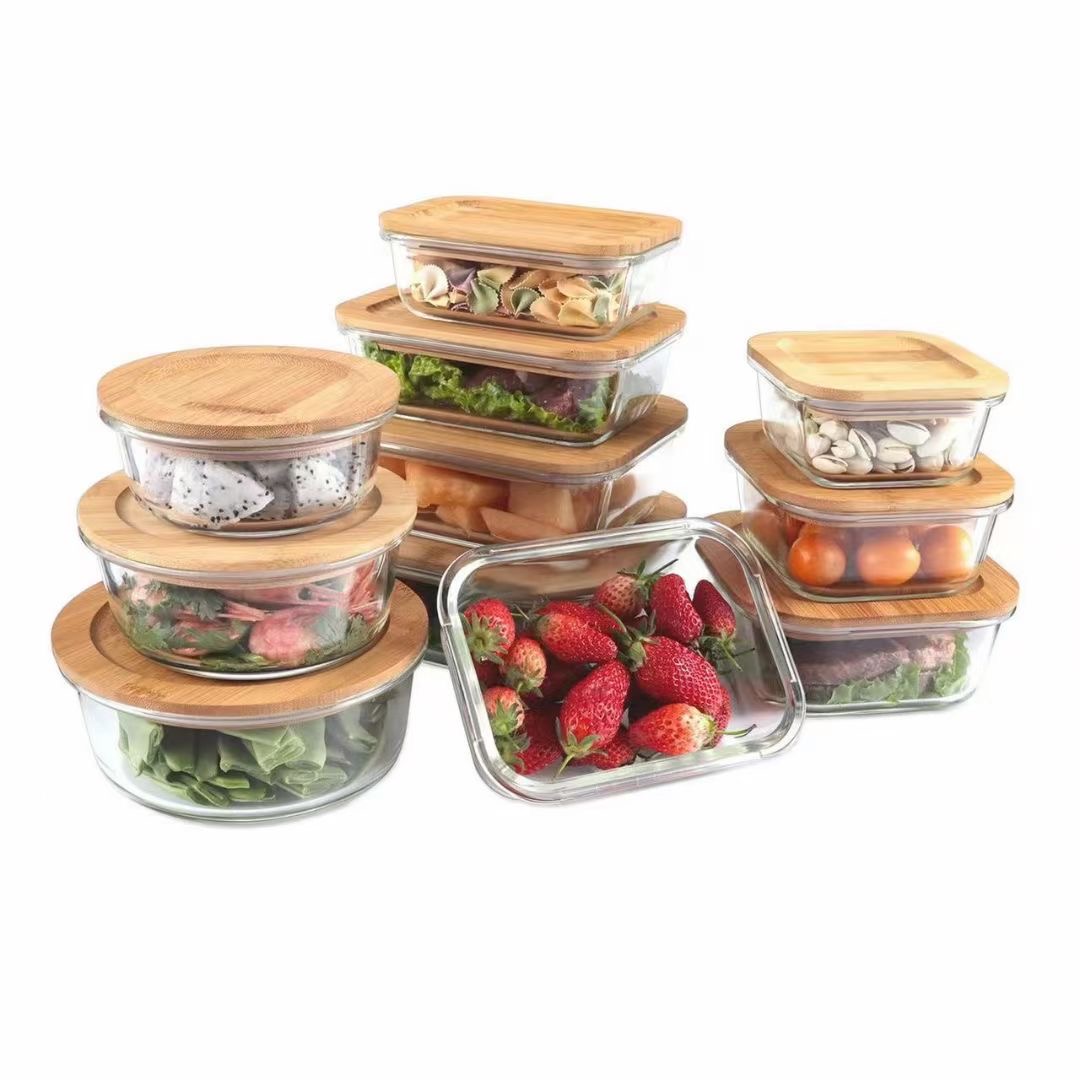 Kitchen tableware set,bamboo coverTransparent glass bowl,Vegetable and fruit salad bowl