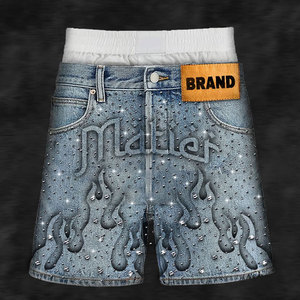 حجر مغسول بالأحجار الكريمة الكريستالية السوداء بلينغ تصميم خاص طول الركبة البضائع فضفاض مضيئة ، Jorts خمر - Product Image 6