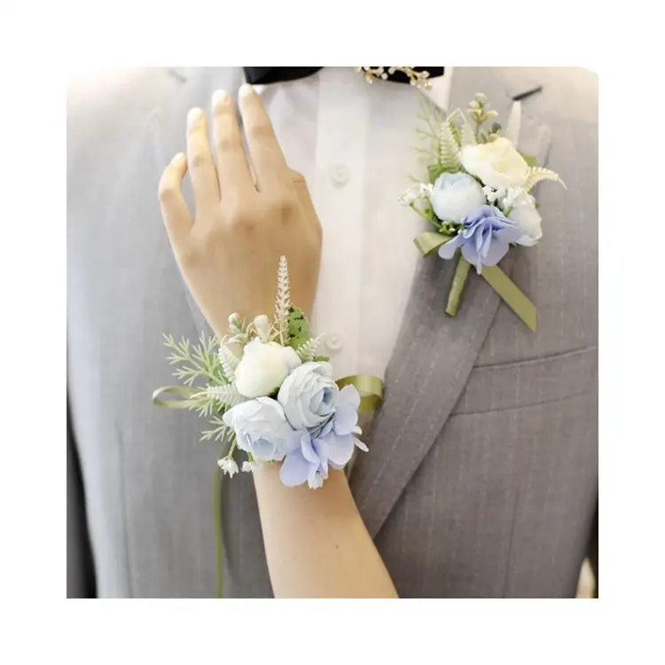 RG-613 Broche de flores de pulso artificial para dama de honra, boutonniere, flor de pulso rosa para festa de casamento