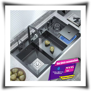 Upgraded 85x50 <strong>Black</strong> Kitchen Nano Honeycomb Technology Stainless Steel <strong>Sink</strong> With Cup Washer Waterfall Faucet <strong>Sink</strong> for Apartment