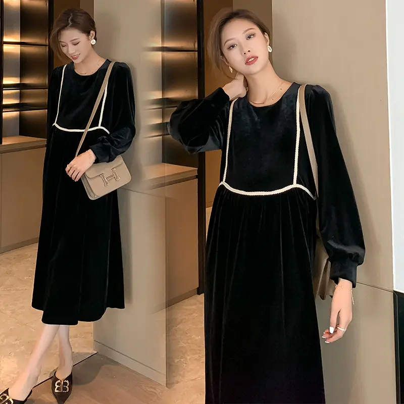 LLDRESS abiti da donna in stile coreano abito lungo in velluto nero a maniche lunghe premaman abito da donna alla moda coreano