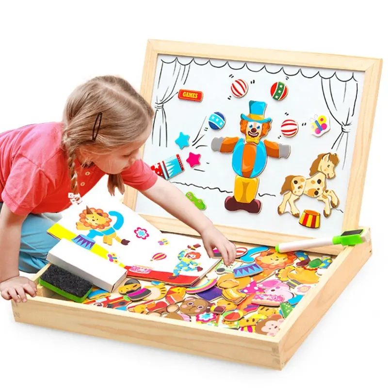 Quebra-cabeças infantil de madeira multifunções, quebra-cabeça magnético para escrita e desenho, quadro-negro, brinquedo educativo para crianças, 100 + pçs