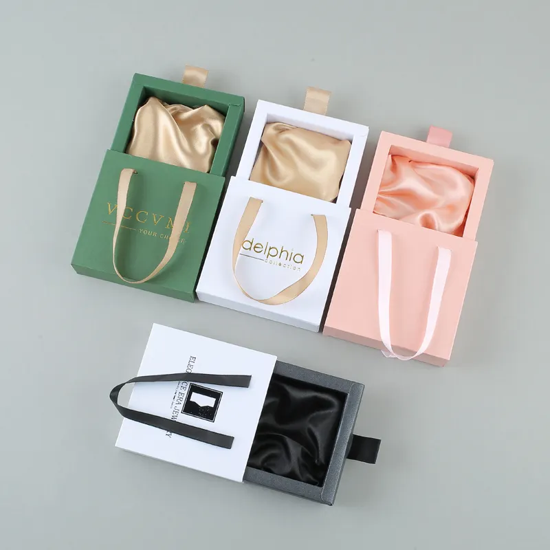 Papierschieber-Geschenkbox Verpackung Nagel individuelles Logo Schmuck rosa Samtbeutel Taschen Schiebeschachteln für Ohrring Armband