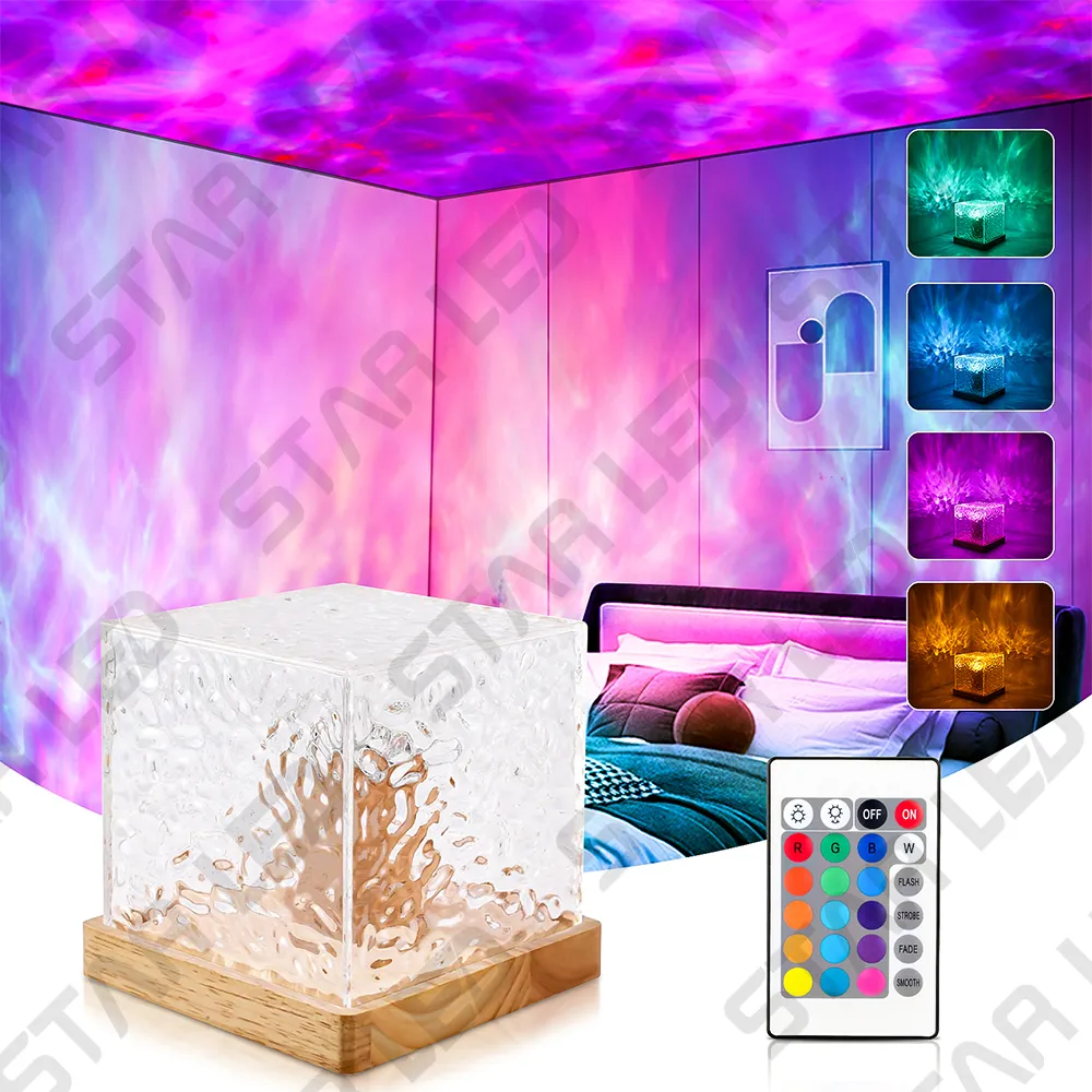 Dinámico agua ondulación efecto de luz RGB Control remoto acrílico cristal escritorio noche luz interior LED cristal agua cubo lámpara