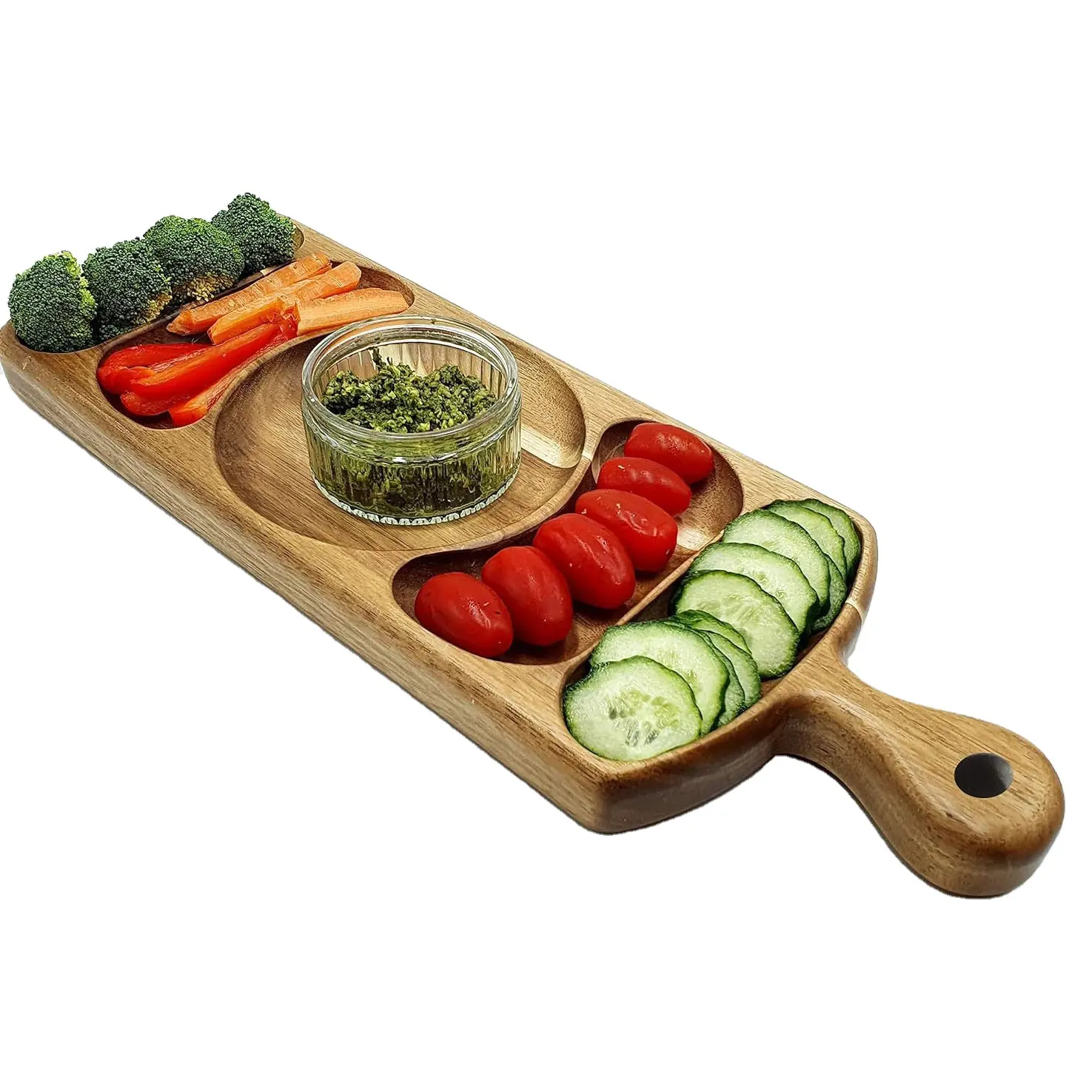 Best Selling Solid Wood Acacia Rectangular Tray with Handles Food and Snack Classification Wood Party Tray Serving Dish