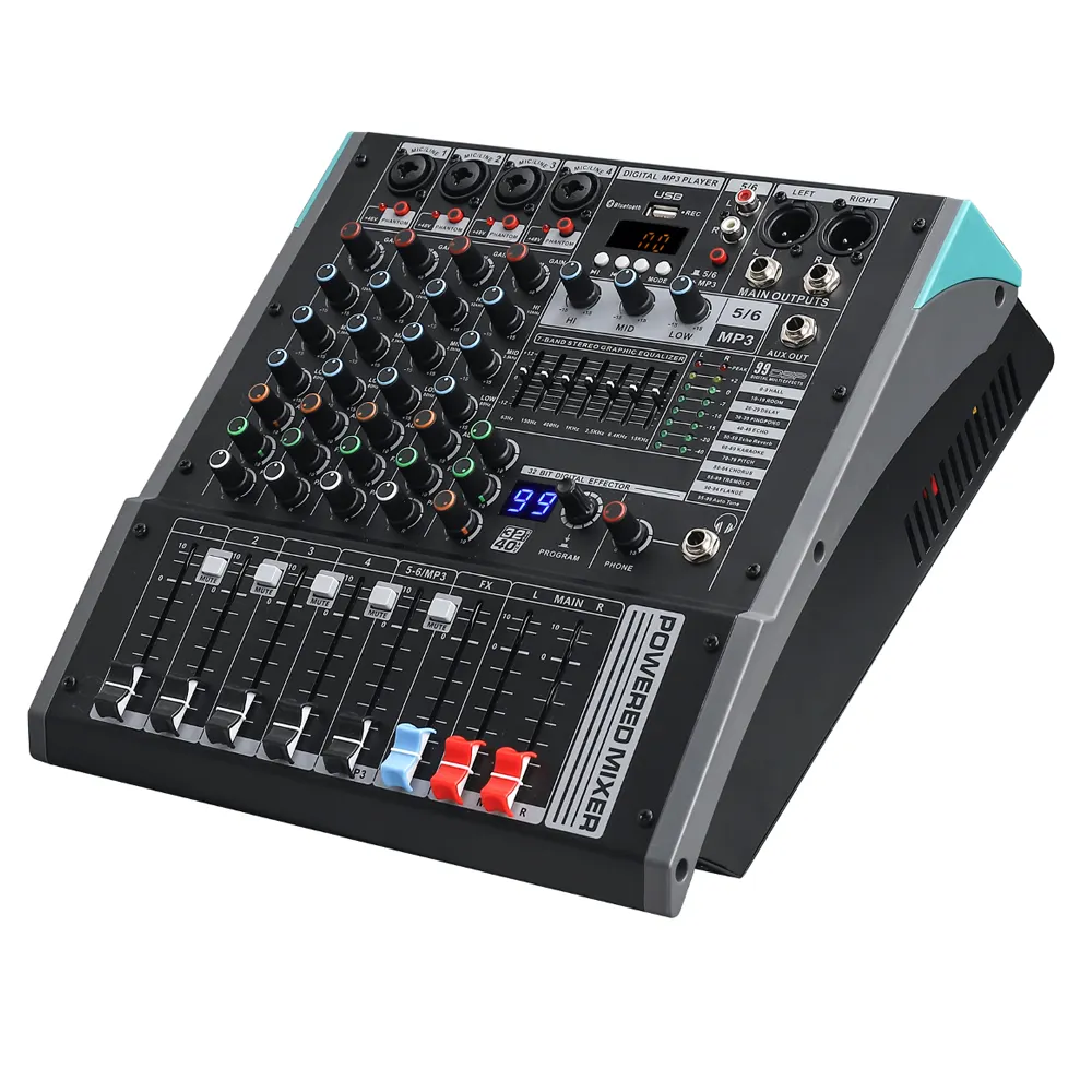 Nuovo DESIGN MIXER di potenza AUDIO a 4 canali con amplificatore DSP99 AUX SOUNDCARD 7 BAND EQ 60MM FADER