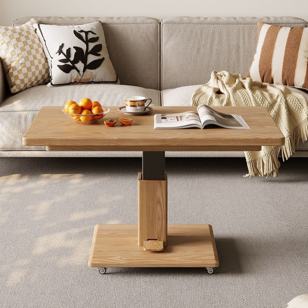 Natural wood color adjustable coffee table