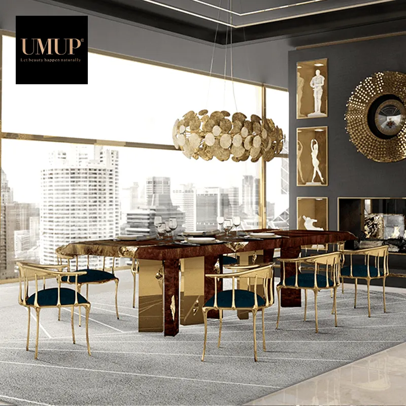 Chaise de luxe à dossier doré en acier inoxydable, siège et jambes en tissu rembourré, pour salle à manger, siège royal et doré