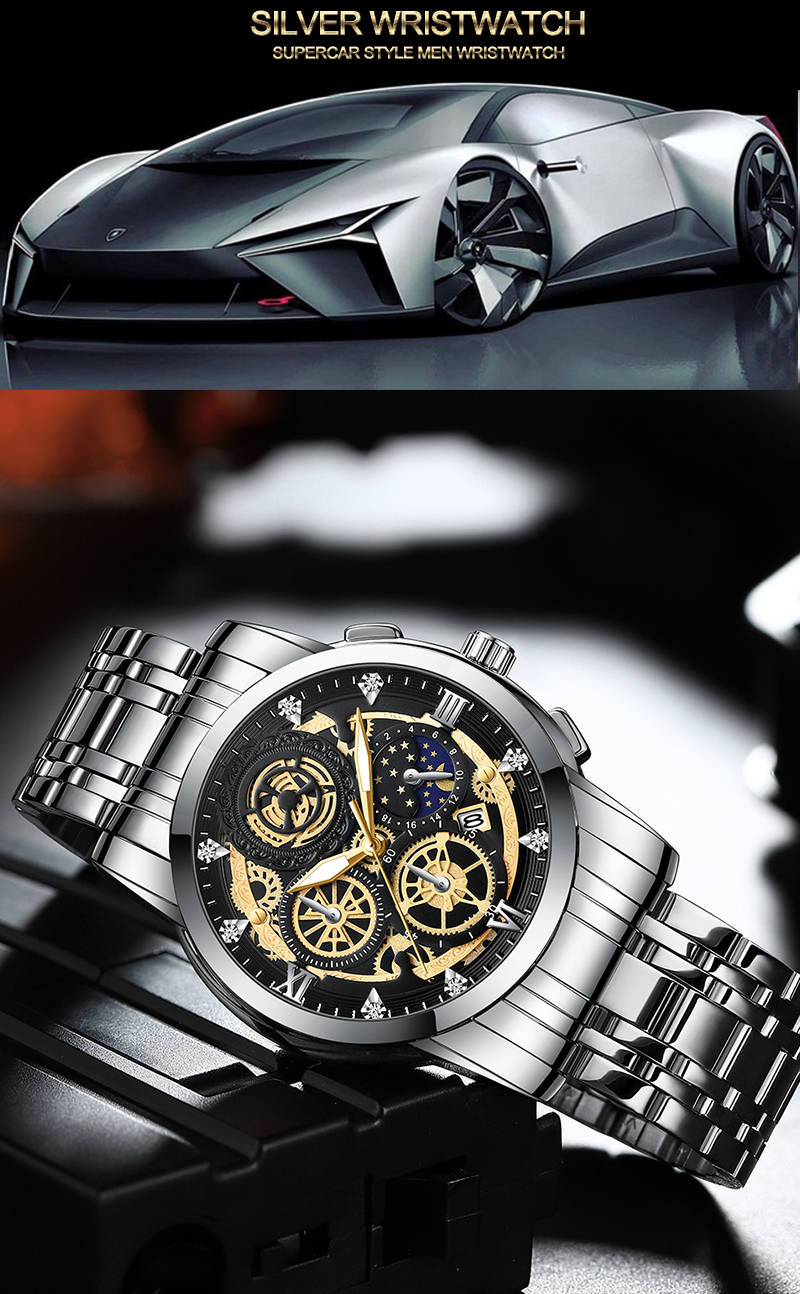 VAVA VOOM Original Watch Men's Waterproof Stainless Steel Quartz Analog Fashion Business Sun Moon Star Wristwatches