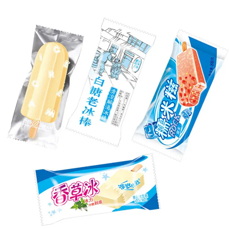 Sac d'emballage en plastique de crème glacée popsicle coloré à motif personnalisé avec écriture mang types de goût dessus