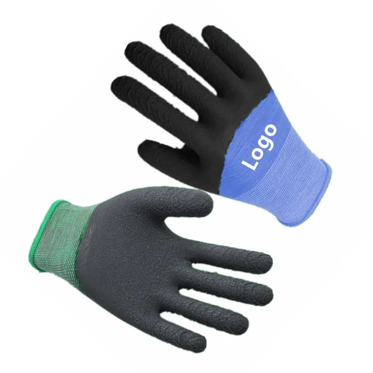 EN388 chứng nhận Latex tráng găng tay Crinkle Găng tay cao su nhúng 3/4 Găng tay cao su huỳnh quang màu xanh lá cây cho rác Bộ sưu tập