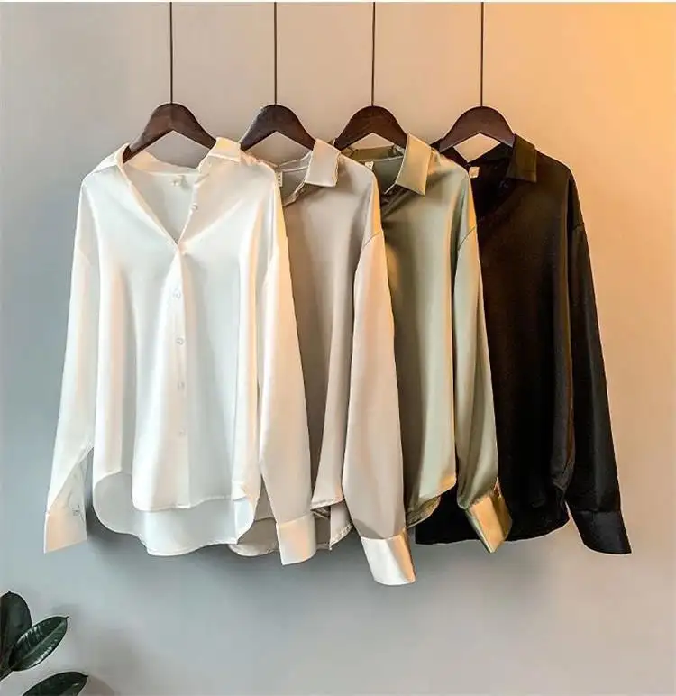 2024 Spring Autumn Women's Fashion Clothes Long Sleeves Satin Shirt Top Female Oversize Top Office Elegant Silk White Blouse