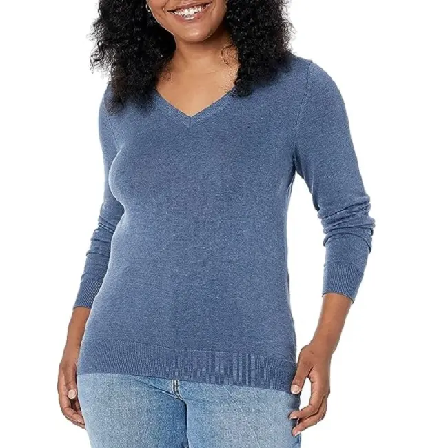 2023 नए फैशन शीतकालीन नियमित लंबी आस्तीन बनाम गर्दन स्लिम फिट ठोस नीले रंग के पल्लोवर बुनाई शीर्ष महिला स्वेटर