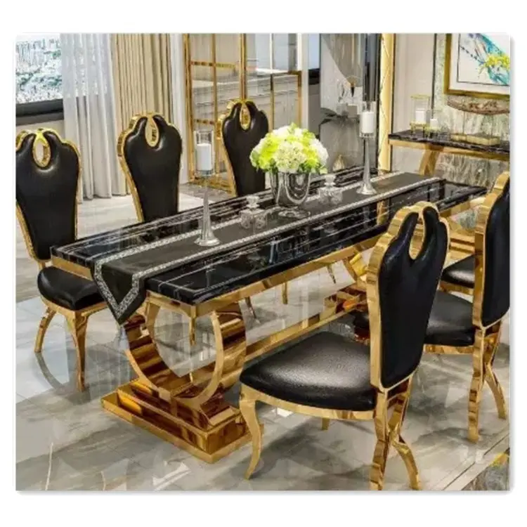 Home sala da pranzo mobili tavolo da pranzo rettangolare in acciaio inossidabile Set tavolo da pranzo rettangolare in marmo di lusso