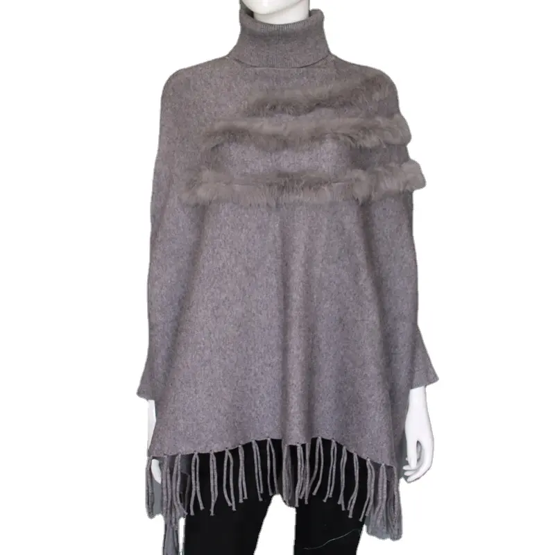 Ashmere-chal de punto con piel de conejo para mujer, jersey de lana, moda de invierno