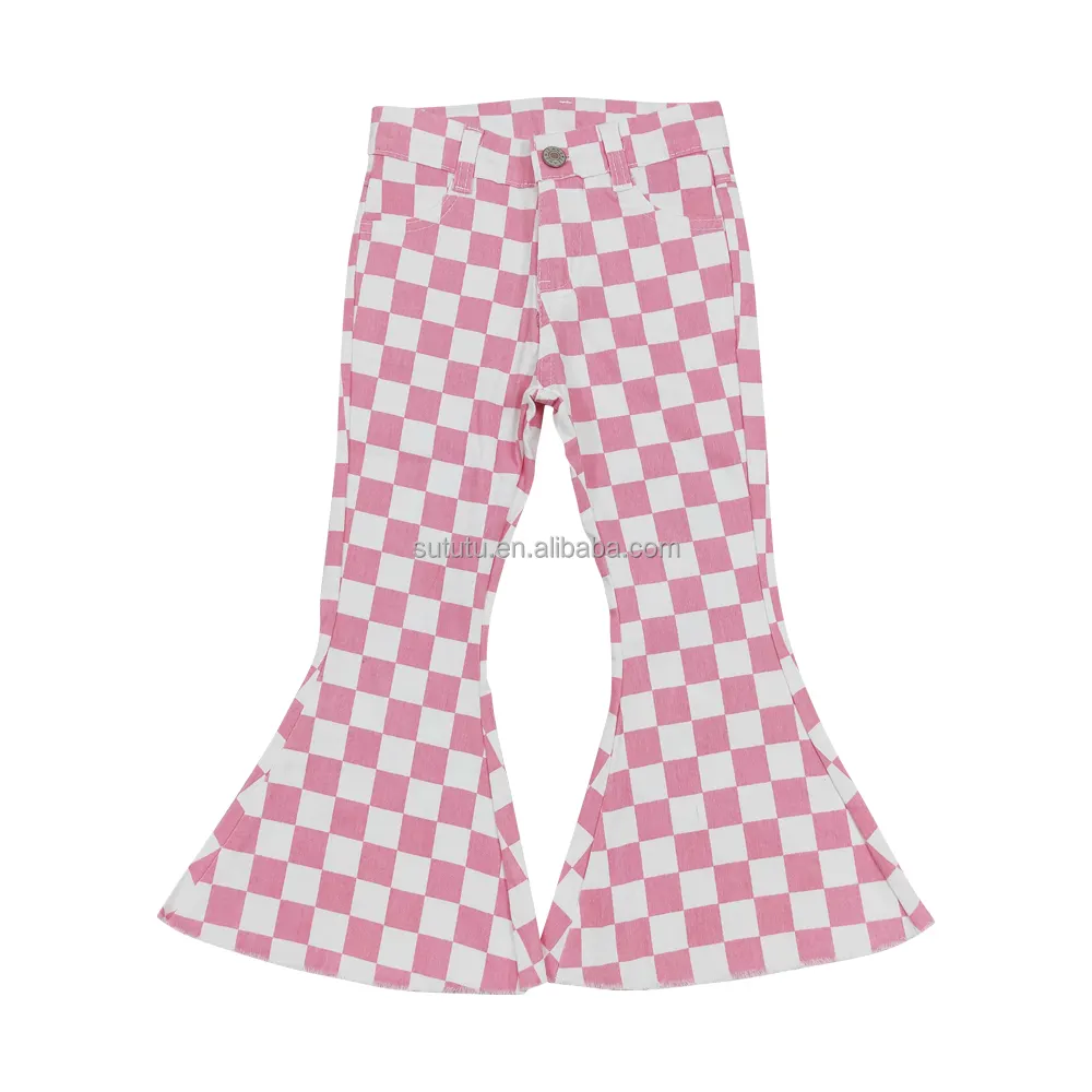 2024 mới đến cửa hàng quần áo quốc gia bé gái chất lượng cao mềm màu hồng Checker in chuông dưới quần denim quần