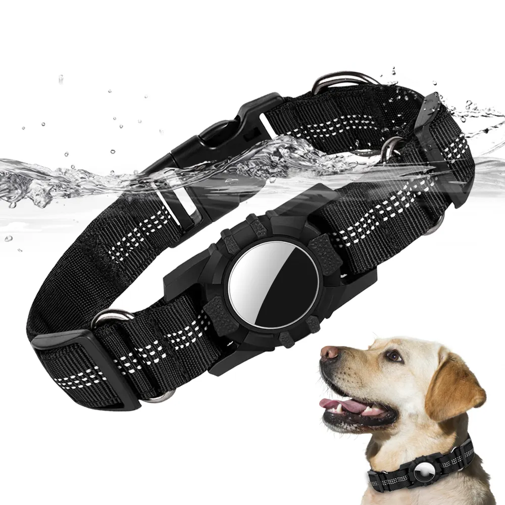 Gran oferta, Collar para perro con soporte para rastreador, collares impermeables de silicona de nailon reflectante para perro, Collar para perro Airtag Pet GPS